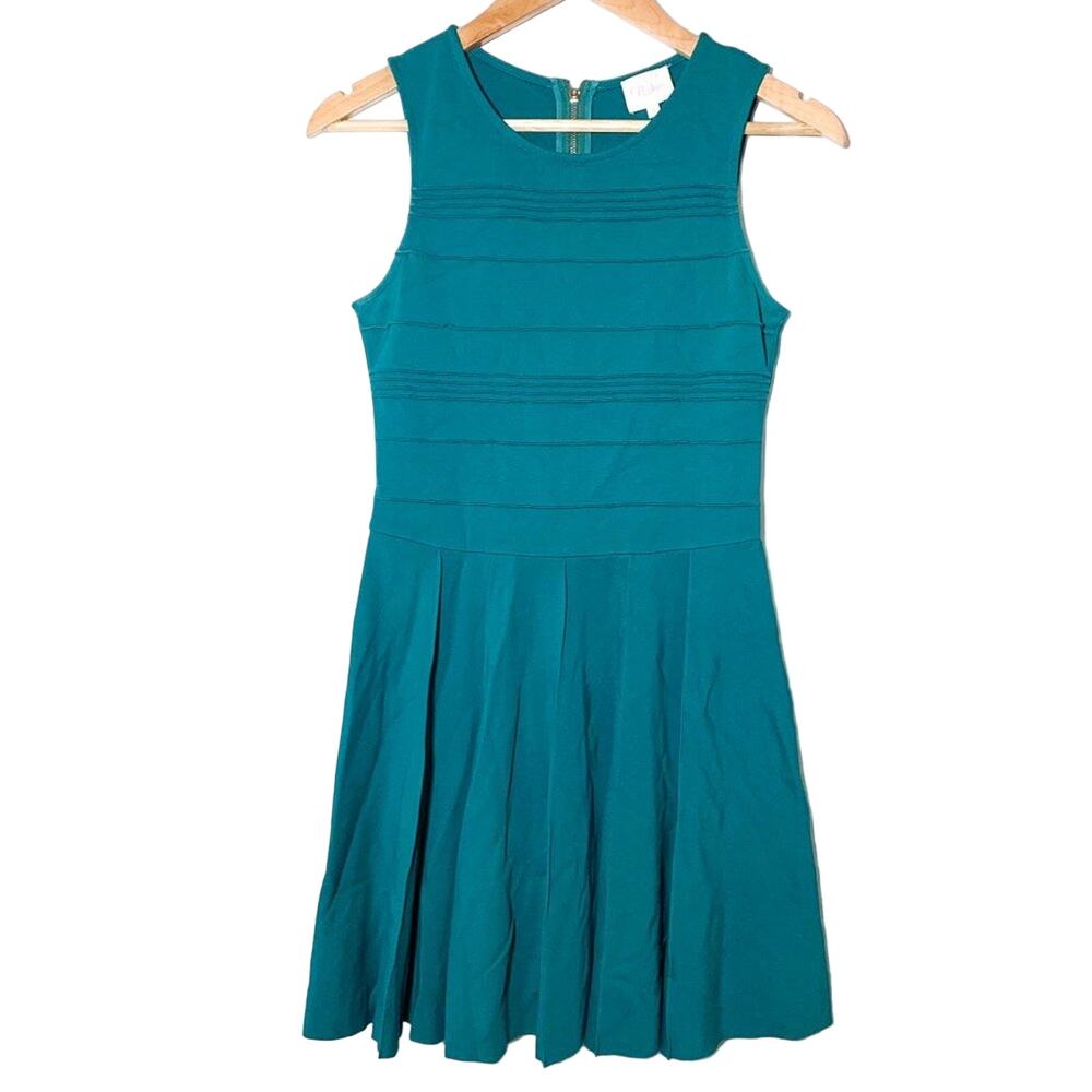 Parker Lacey Pin Tuck Fit and Flare Sleeveless Dress Alpine Teal Green Small - Picture 2 of 14